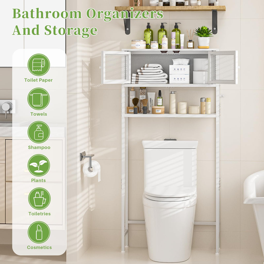 Over the Toilet Storage Cabinet with Doors, White Metal Shelves J682529