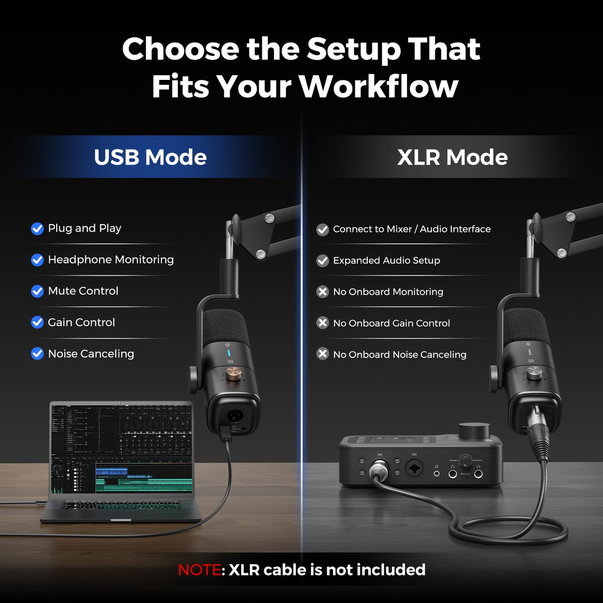 USB/XLR Dynamic Podcast Microphone with Boom Arm V6087