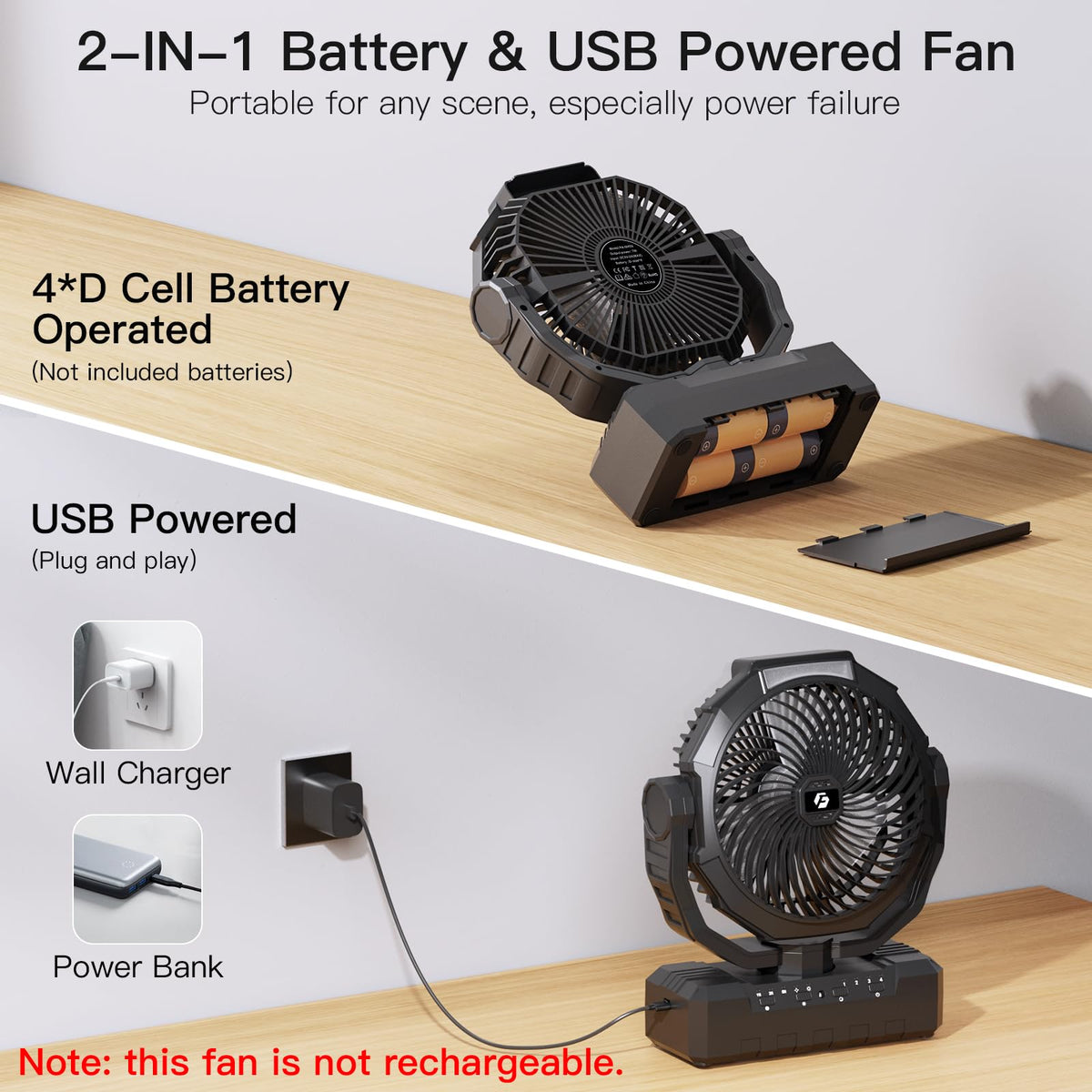Battery Operated Portable Camping Fan with 4 Speeds, Light, Timer, Remote - Black Y503