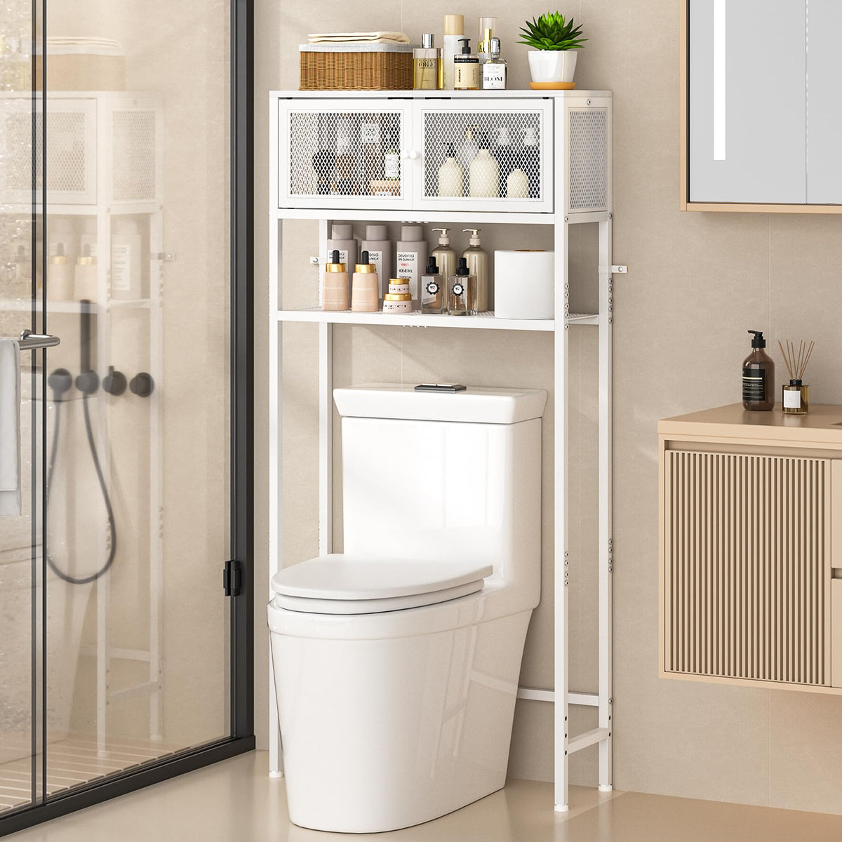 Over the Toilet Storage Cabinet with Doors, White Metal Shelves J682529