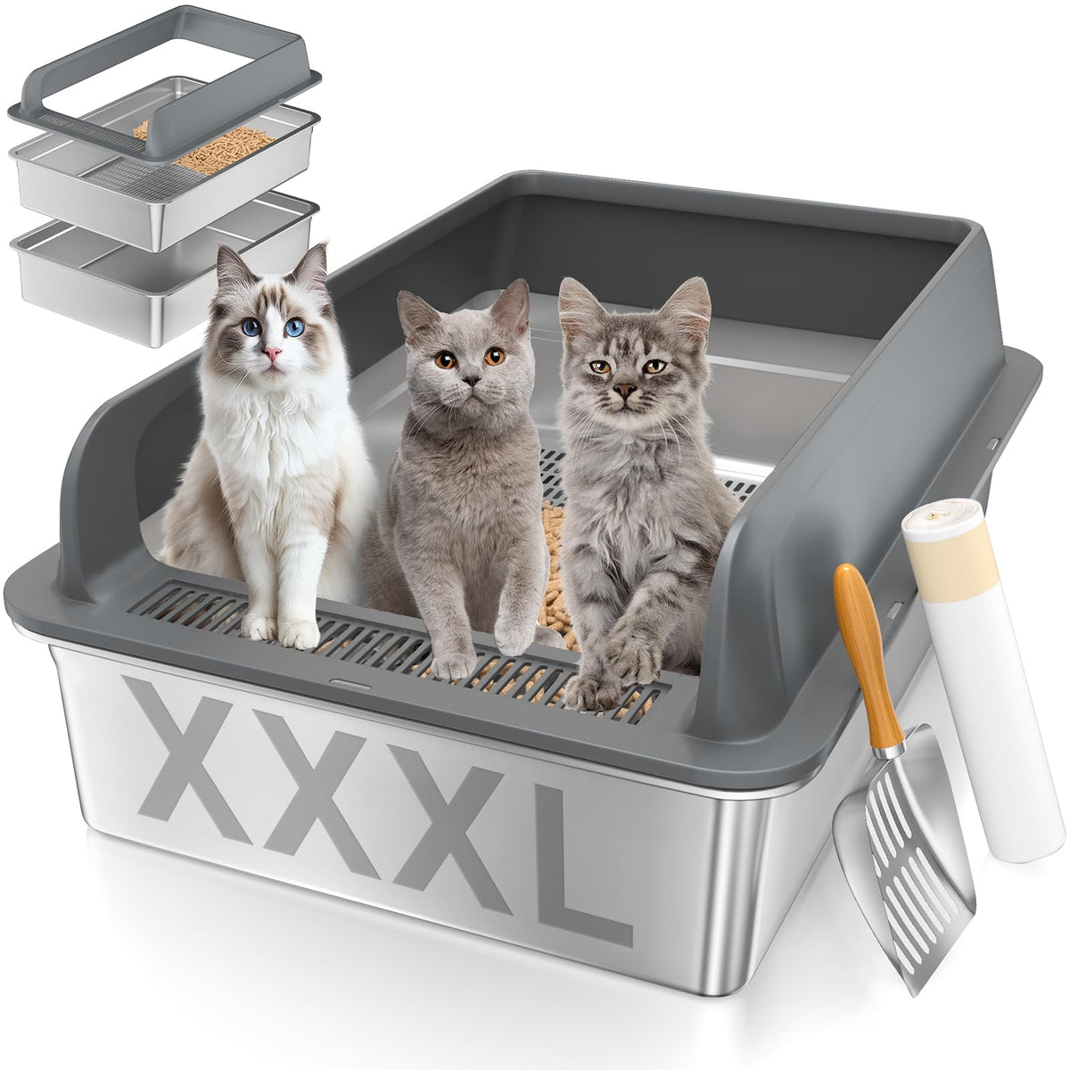 XXXL Stainless Steel Sifting Cat Litter Box with Lid B3578