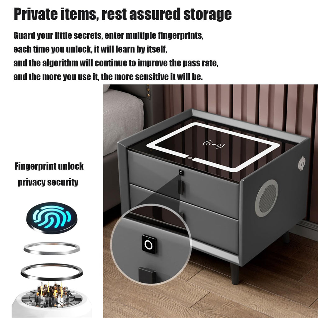 Gray Nightstand with Fingerprint Lock and Wireless Charging Y32589