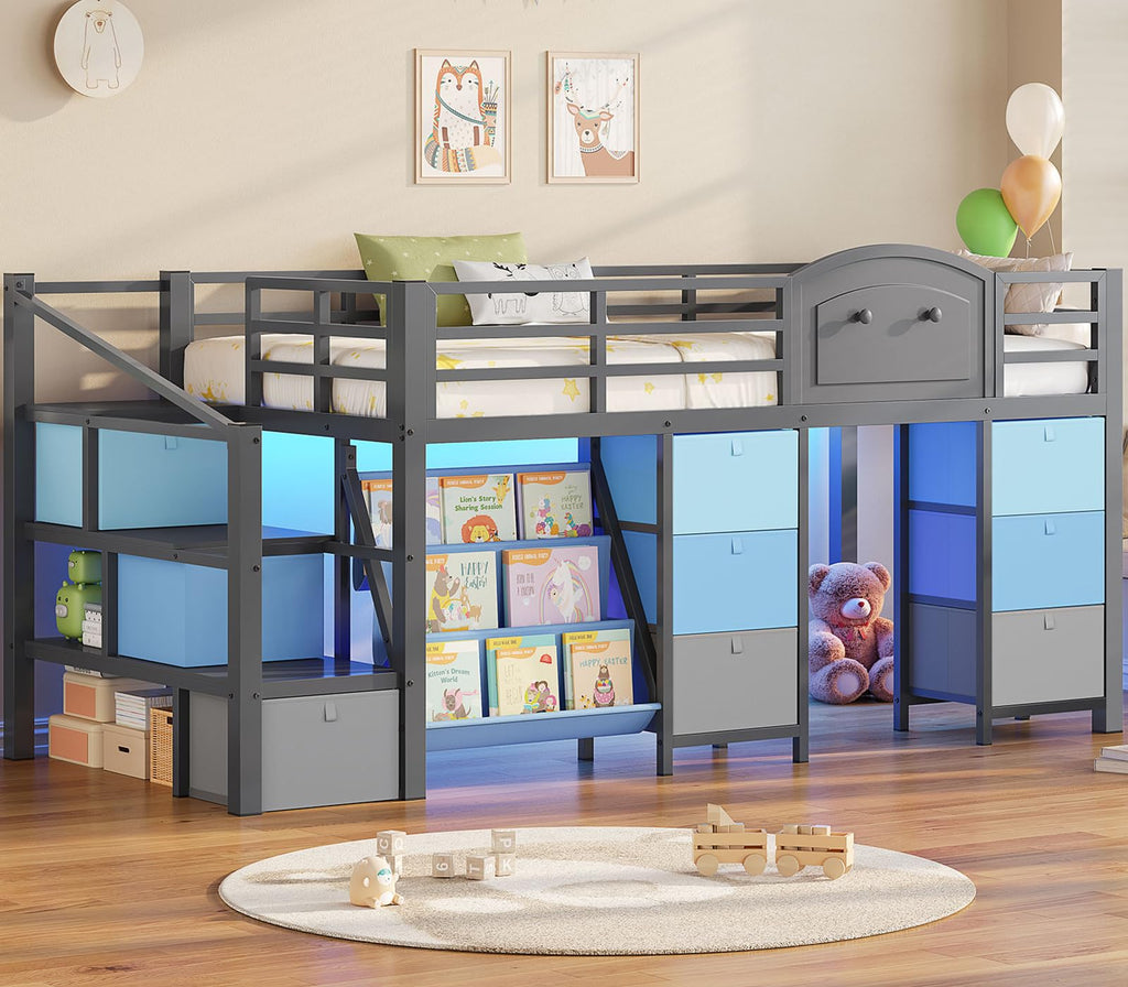 Twin Size Low Loft Bed with 9 Storage Drawers and Staircase D47996