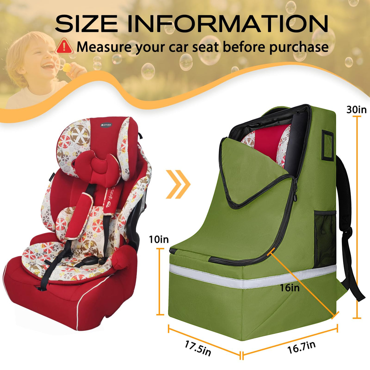 Green Padded Car Seat Travel Bag with Waist Belt J898