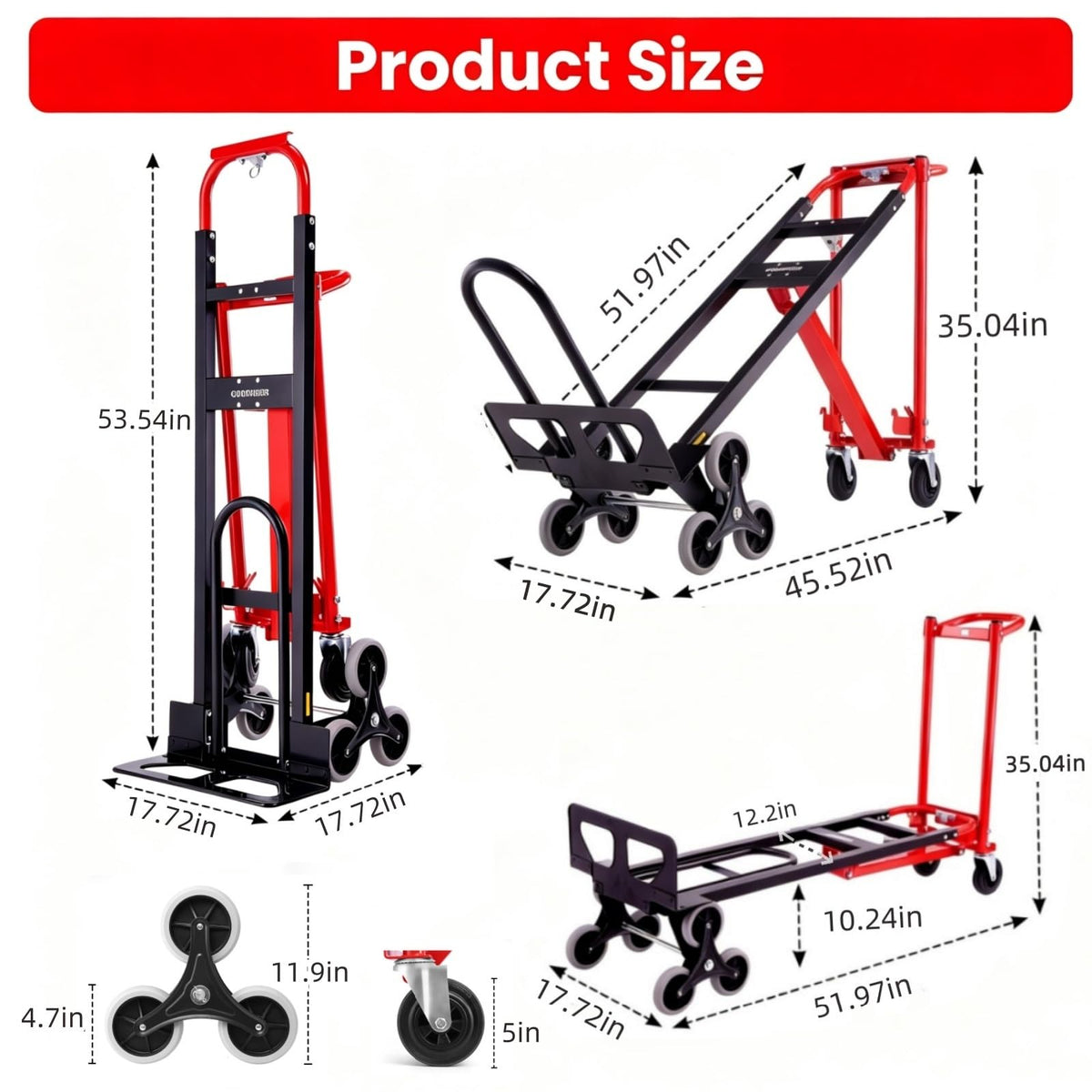Heavy Duty 1000LBS Stair Climbing Convertible Hand Truck Cart with Solid Wheels Z763