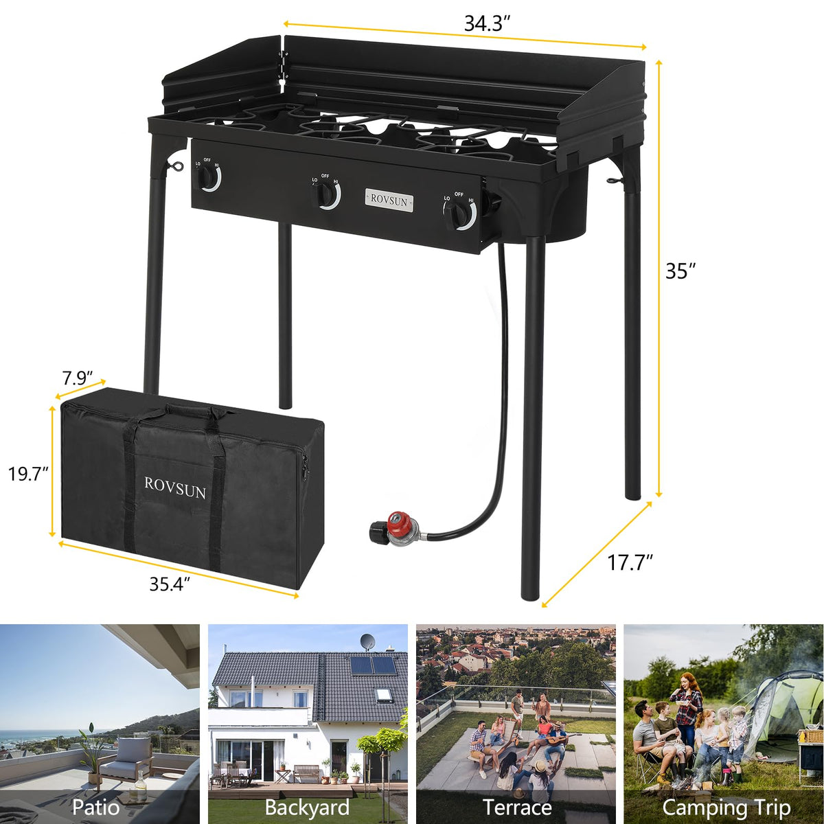 3 Burner Outdoor Propane Gas Stove with Windpanel U43044