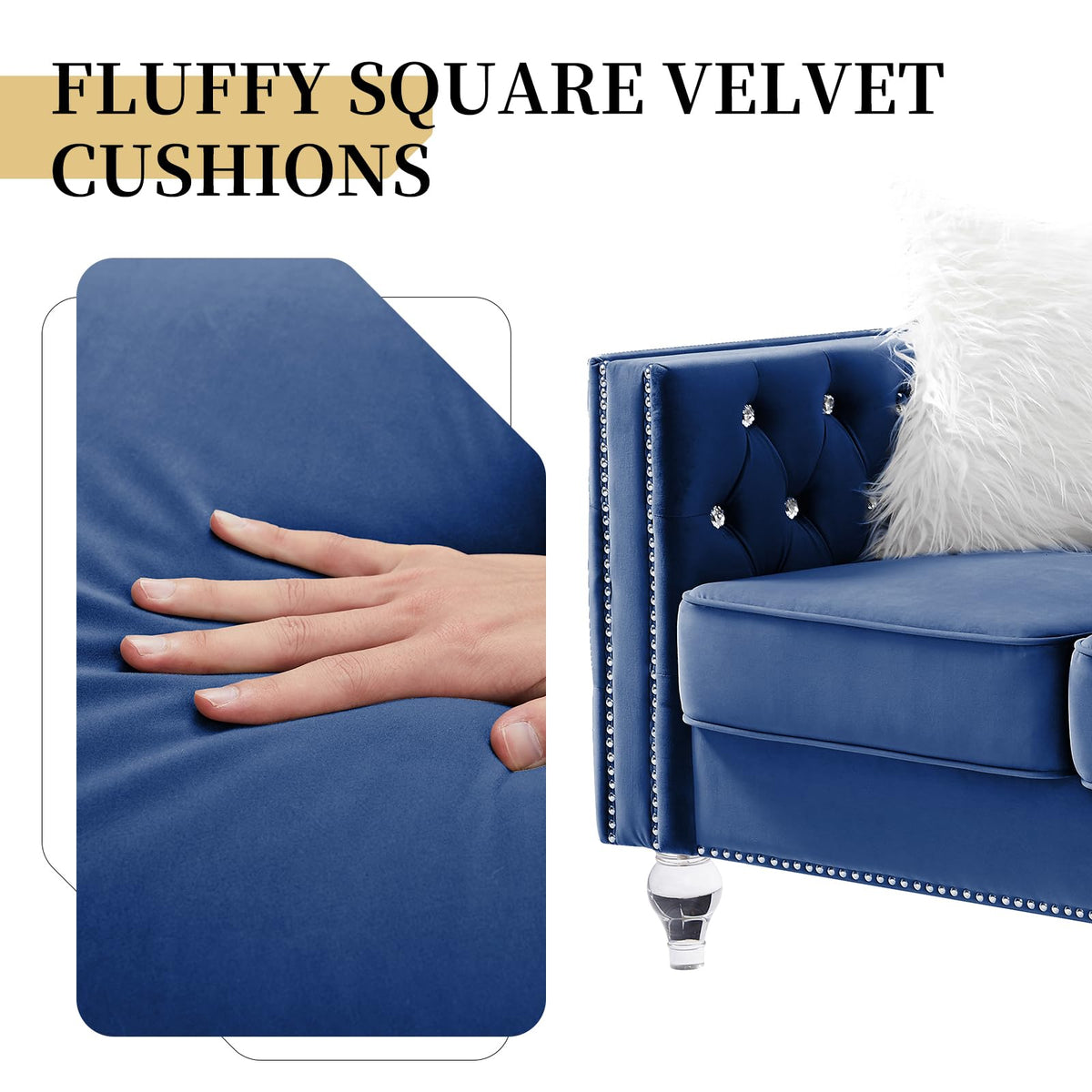 Blue Velvet Chesterfield Sofa with 2 Throw Pillows B758501