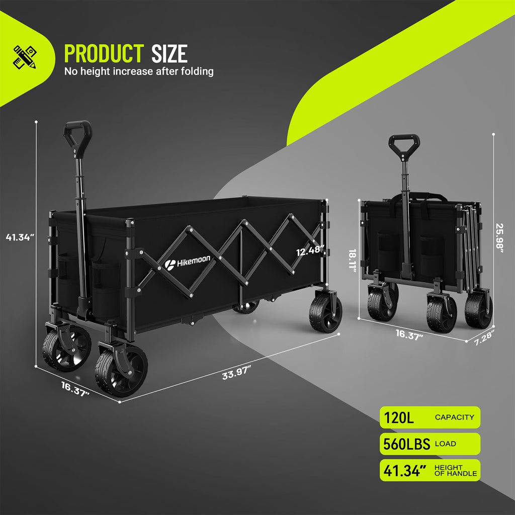 34'' Extra Long Folding Wagon Wide Wheels 120L 360LBS Black Y2168