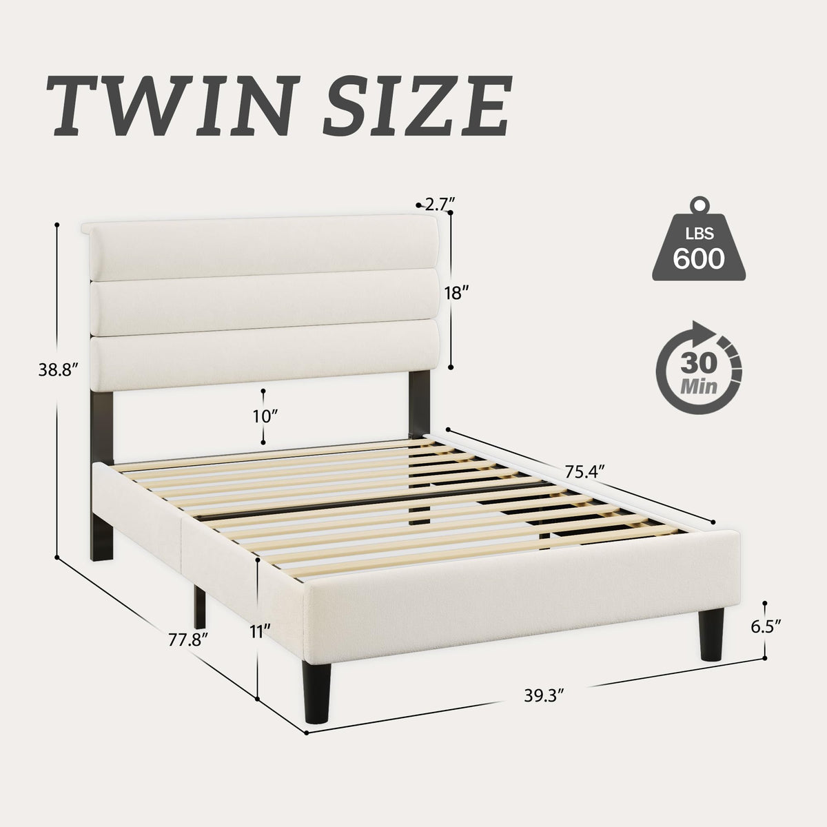 Beige Velvet Upholstered Twin Platform Bed Frame I873328