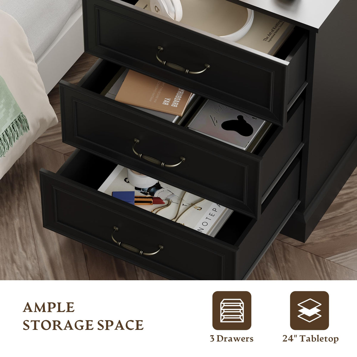 Black 3 Drawer Wood Dresser U907