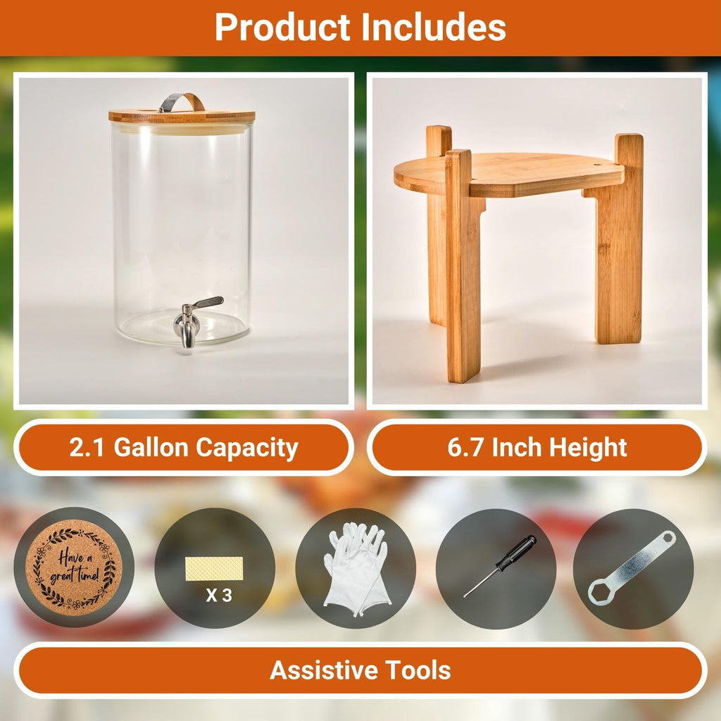 2.1 Gallon Glass Beverage Dispenser with Bamboo Stand and Spigot O988