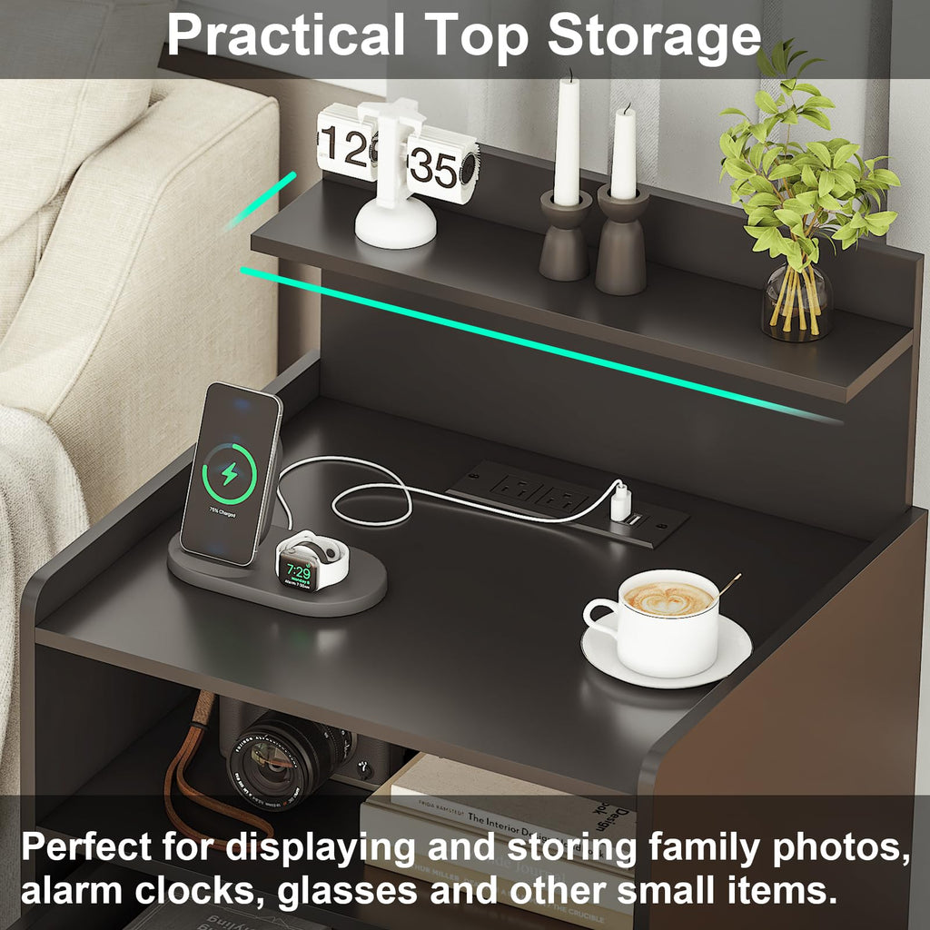 Black LED Nightstand with Charging Station and 2 Drawers E663