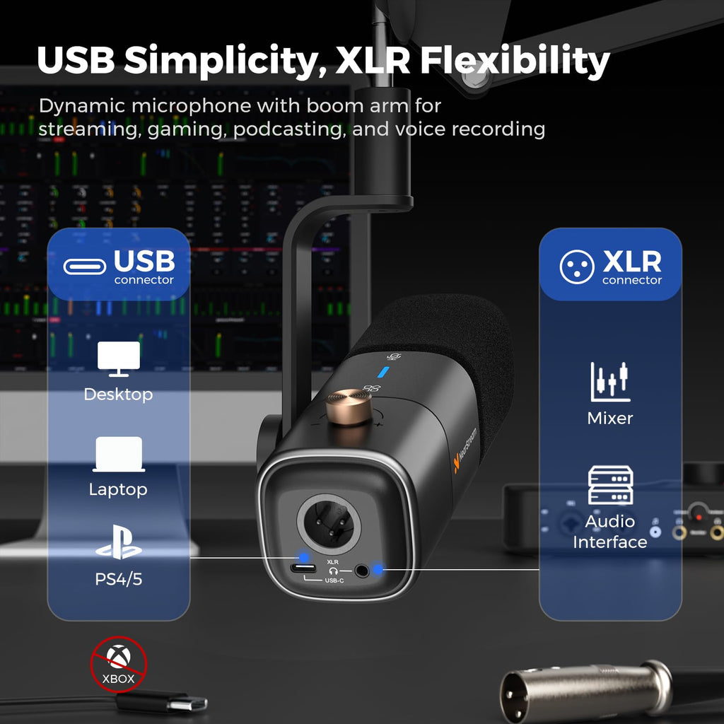 USB/XLR Dynamic Podcast Microphone with Boom Arm V6087