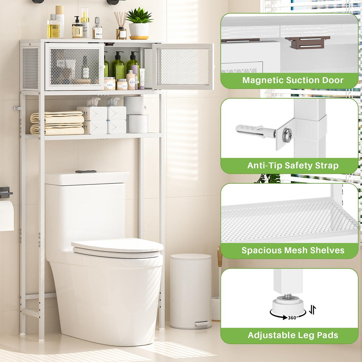 Over the Toilet Storage Cabinet with Doors, White Metal Shelves J682529