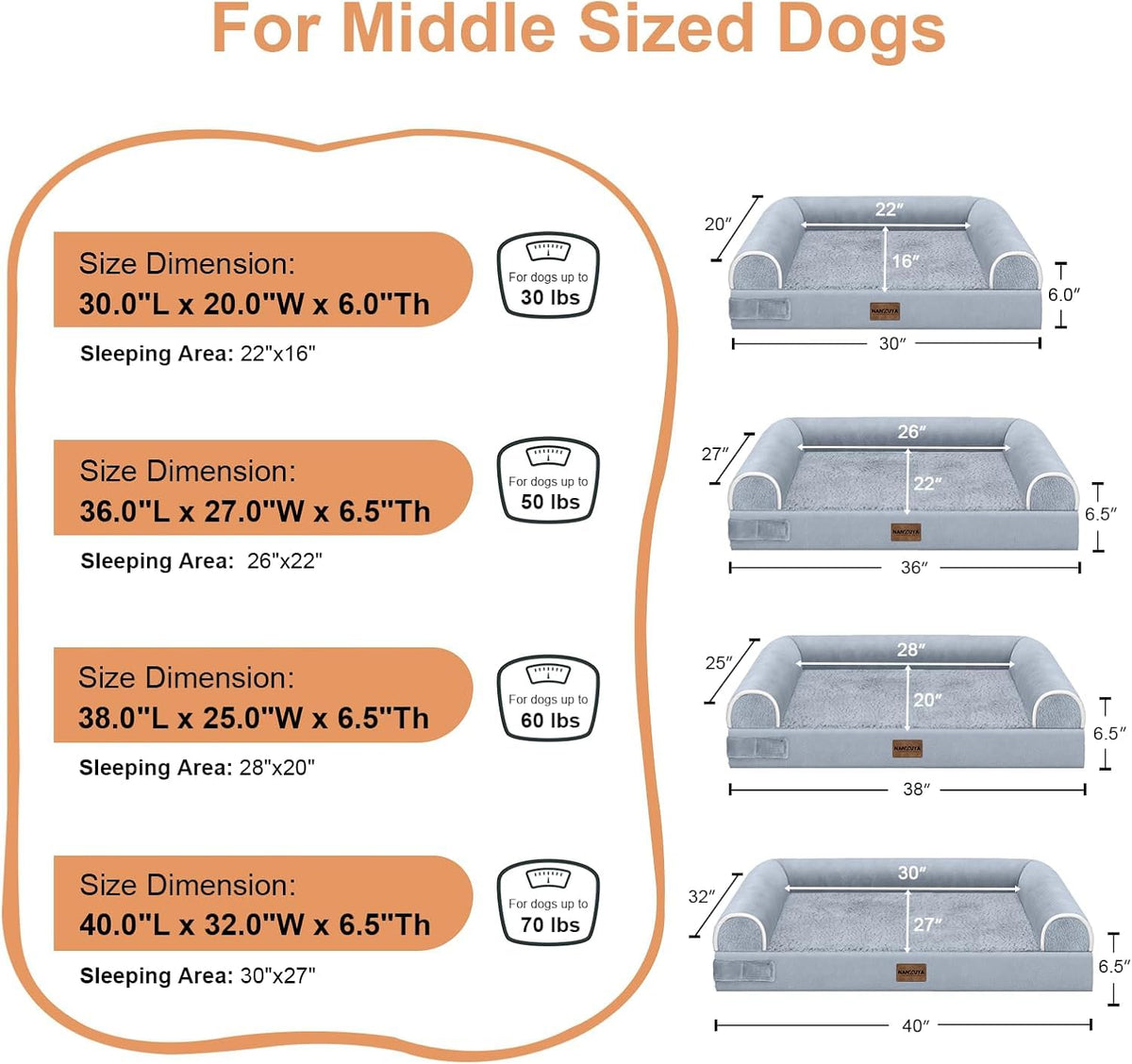 Light Grey 36 x 27 Inch Orthopedic Dog Bed W6911