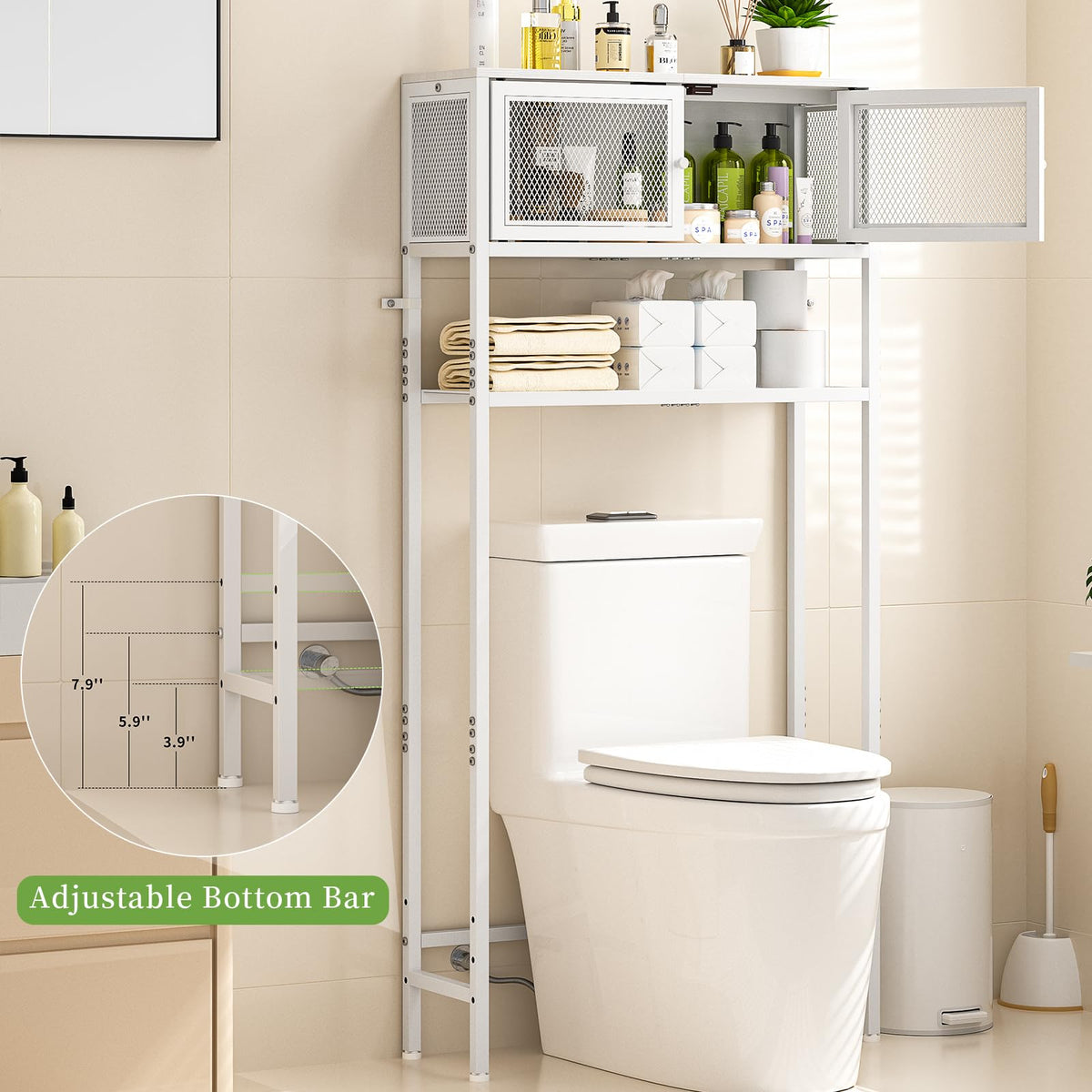 Over the Toilet Storage Cabinet with Doors, White Metal Shelves J682529