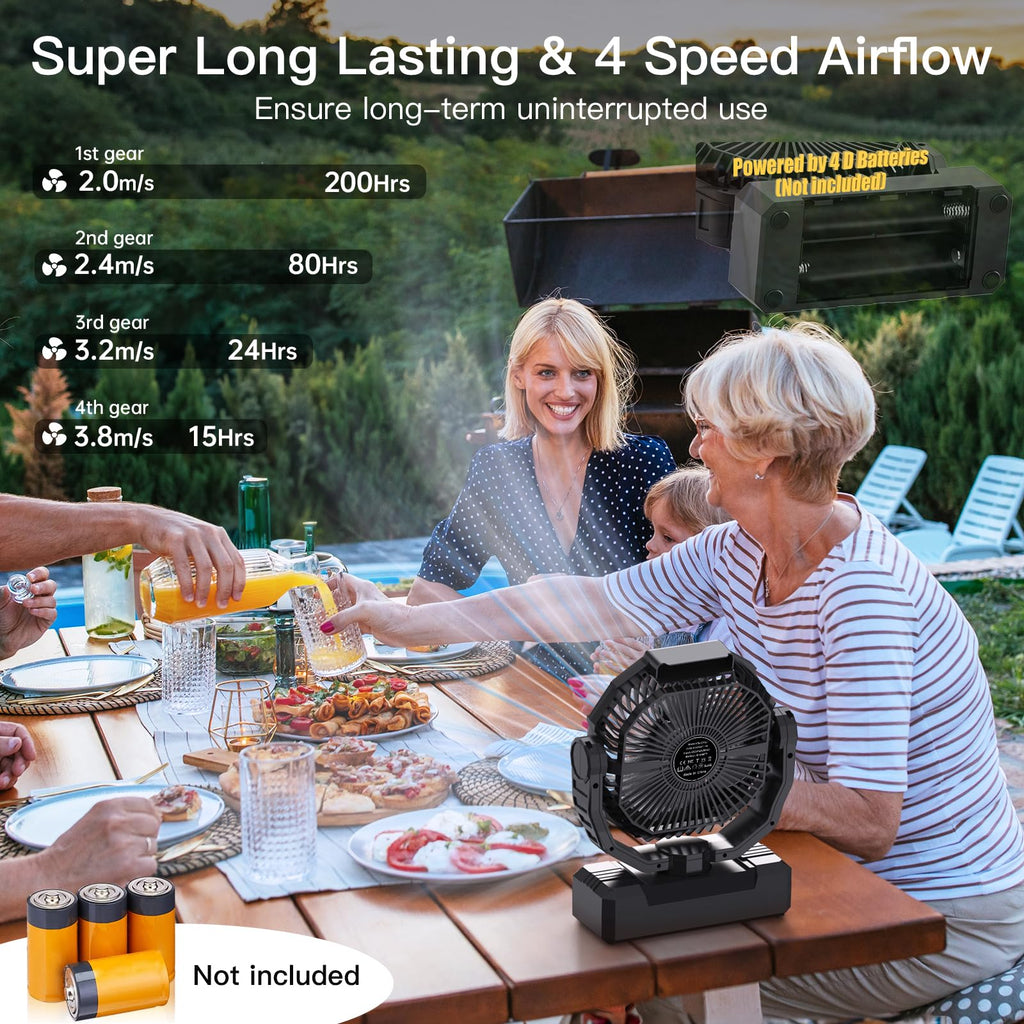 Battery Operated Portable Camping Fan with 4 Speeds, Light, Timer, Remote - Black Y503