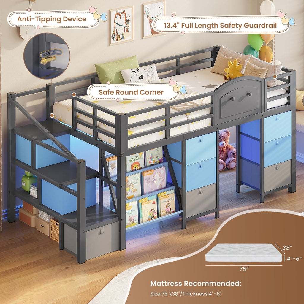 Twin Size Low Loft Bed with 9 Storage Drawers and Staircase D47996
