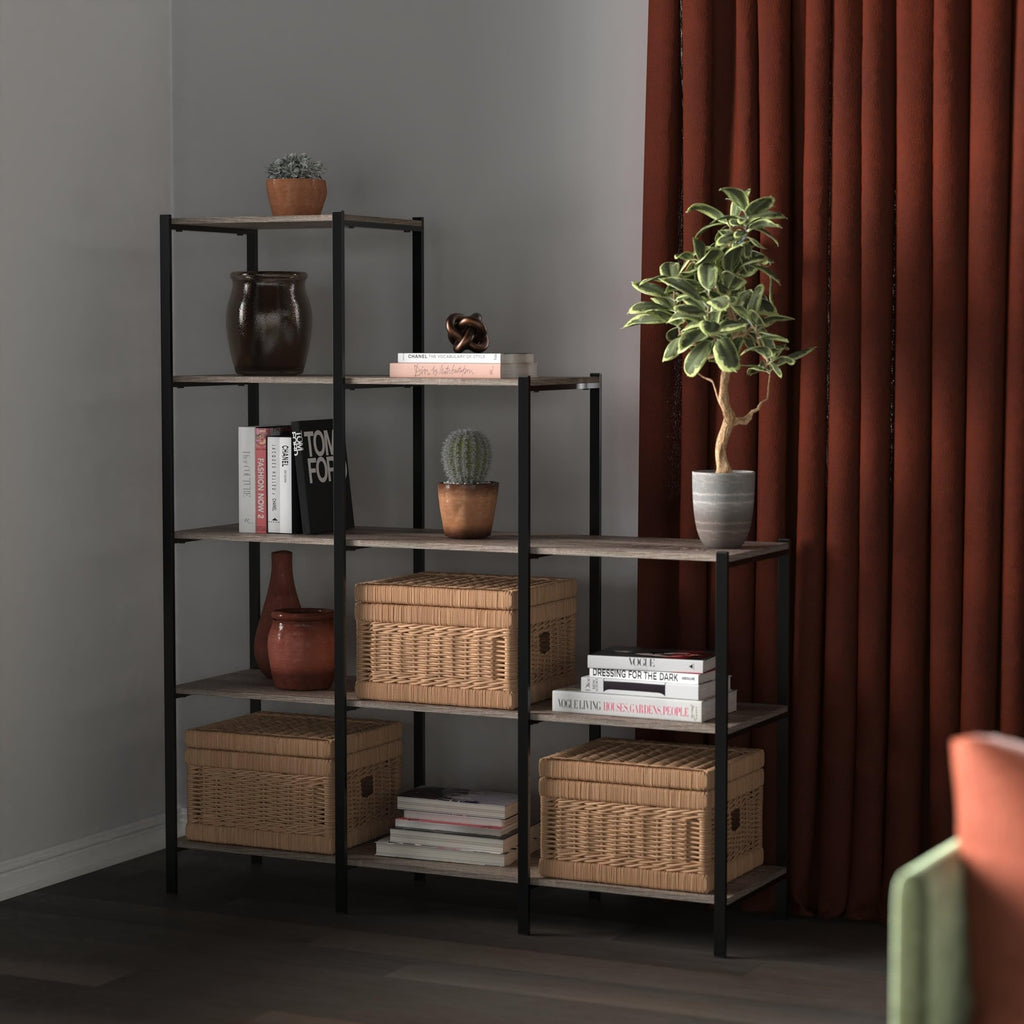4-Tier Bookcase, 5 Shelves, Black Metal and Wood Y881354