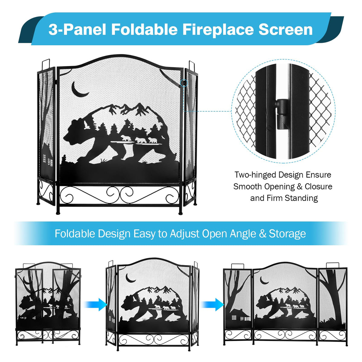 3-Panel Folding Metal Fireplace Screen Black L37536