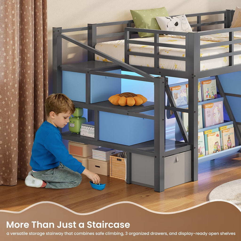 Twin Size Low Loft Bed with 9 Storage Drawers and Staircase D47996