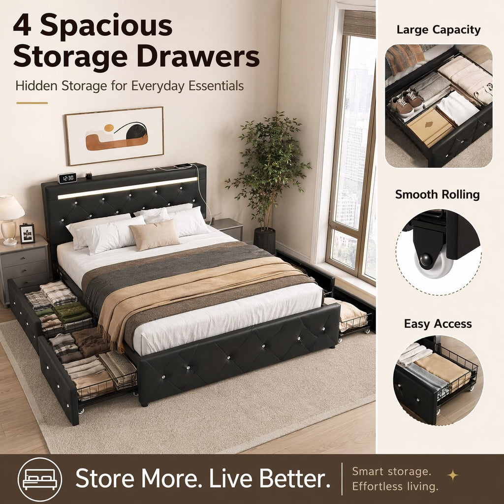 Full Upholstered Bed Frame with 4 Storage Drawers & Headboard H541