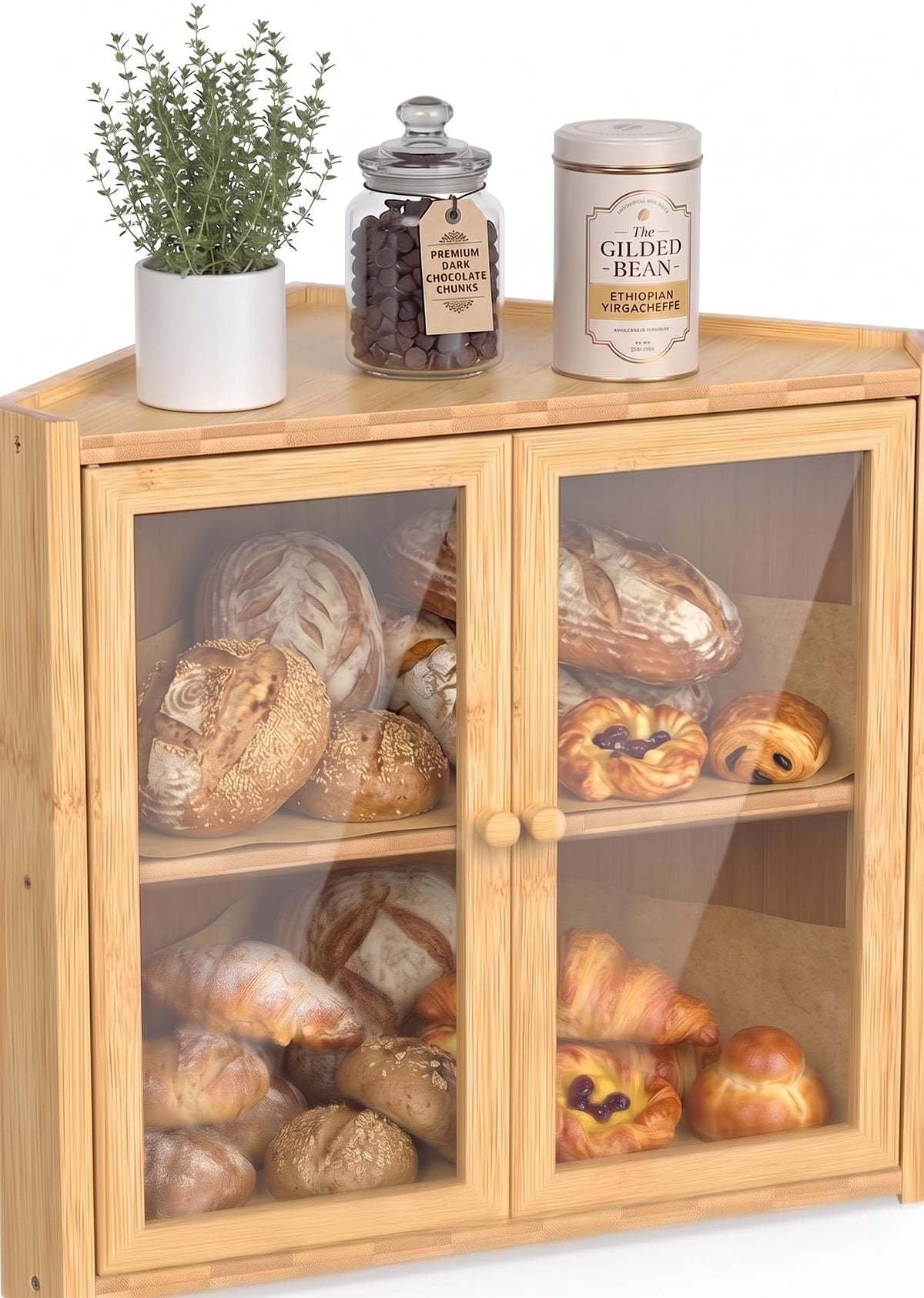 Double Layer Bamboo Bread Box with Clear Windows and Double Doors K3877