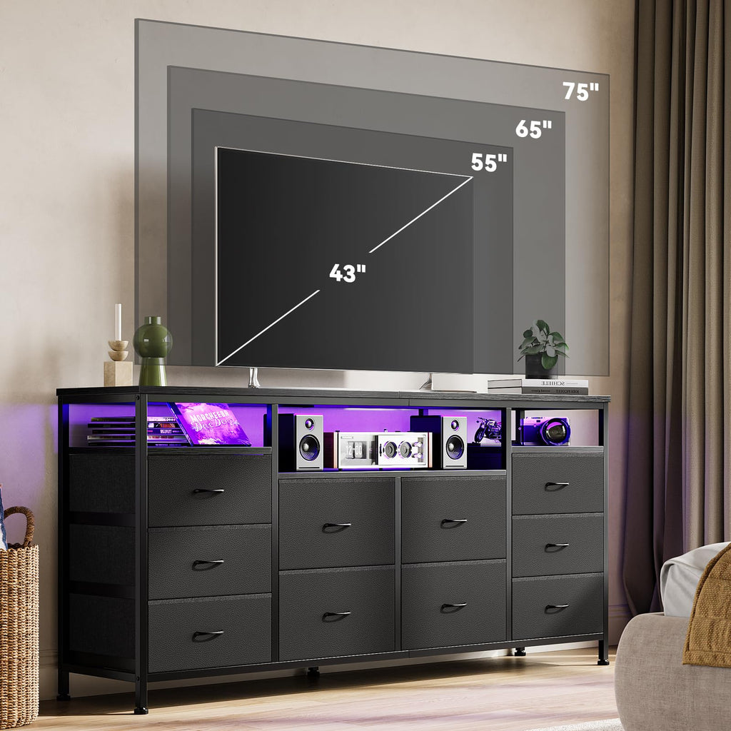 Black 10 Fabric Drawer Dresser with LED Lights & Power Outlets B918