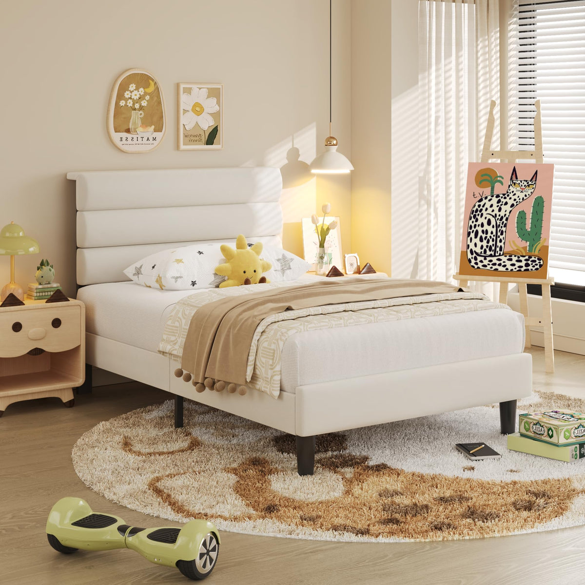 Beige Velvet Upholstered Twin Platform Bed Frame I873328