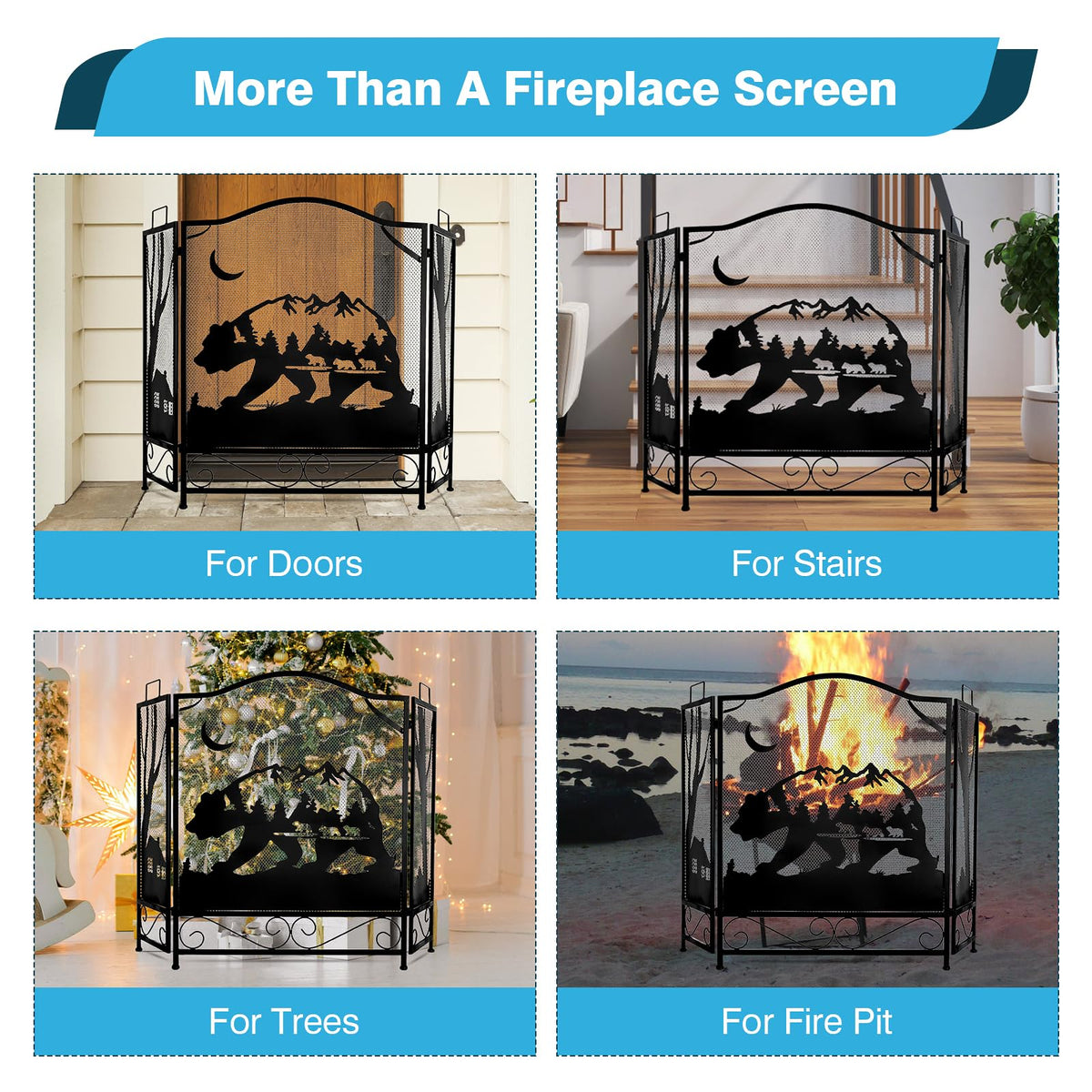 3-Panel Folding Metal Fireplace Screen Black L37536