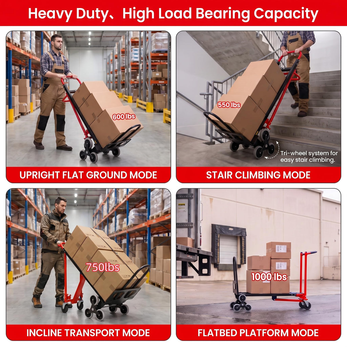Heavy Duty 1000LBS Stair Climbing Convertible Hand Truck Cart with Solid Wheels Z763