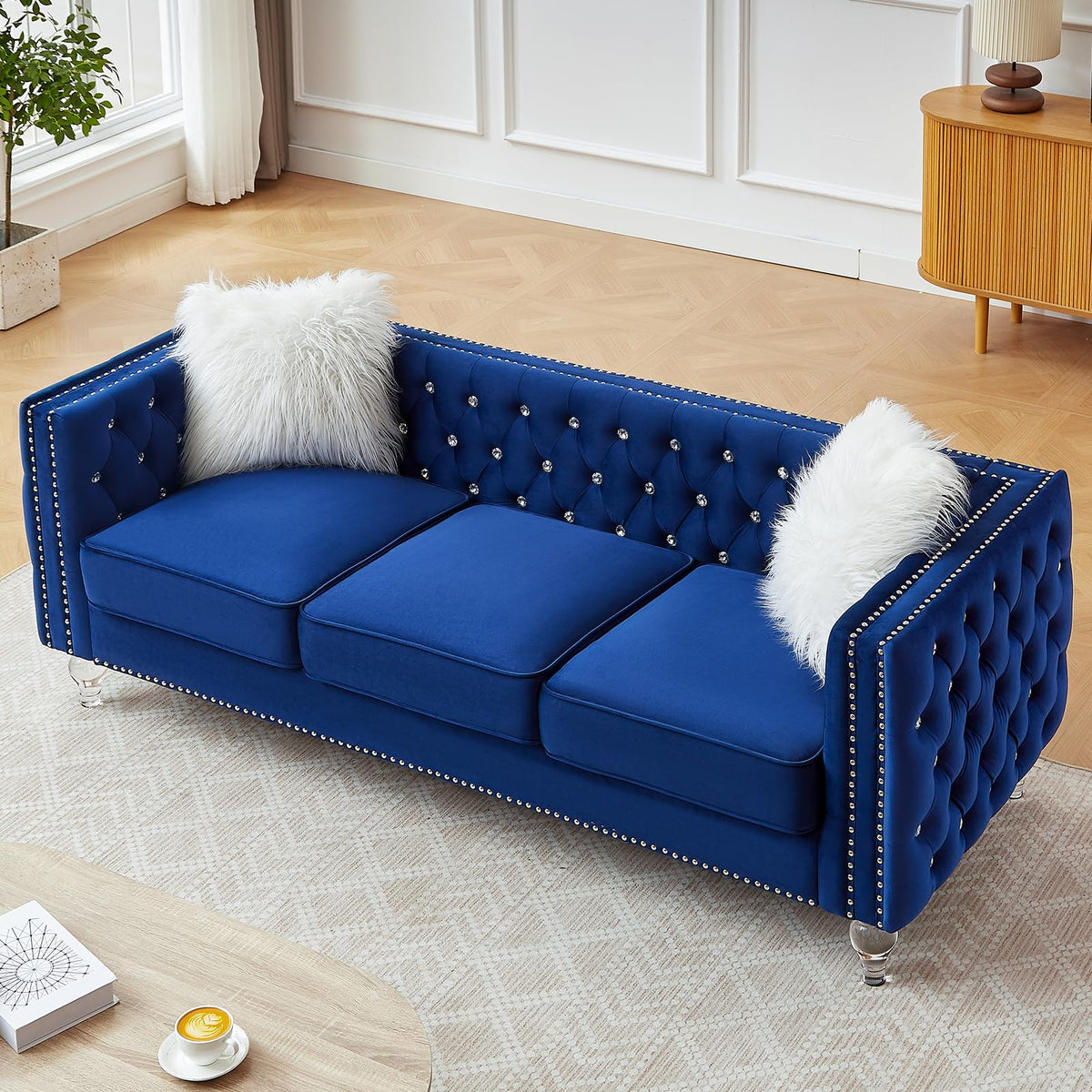 Blue Velvet Chesterfield Sofa with 2 Throw Pillows B758501