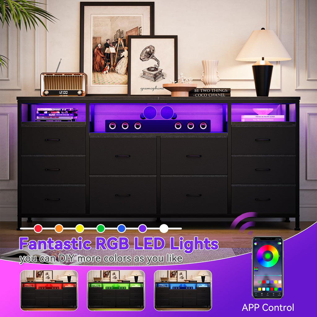 Black 10 Fabric Drawer Dresser with LED Lights & Power Outlets B918