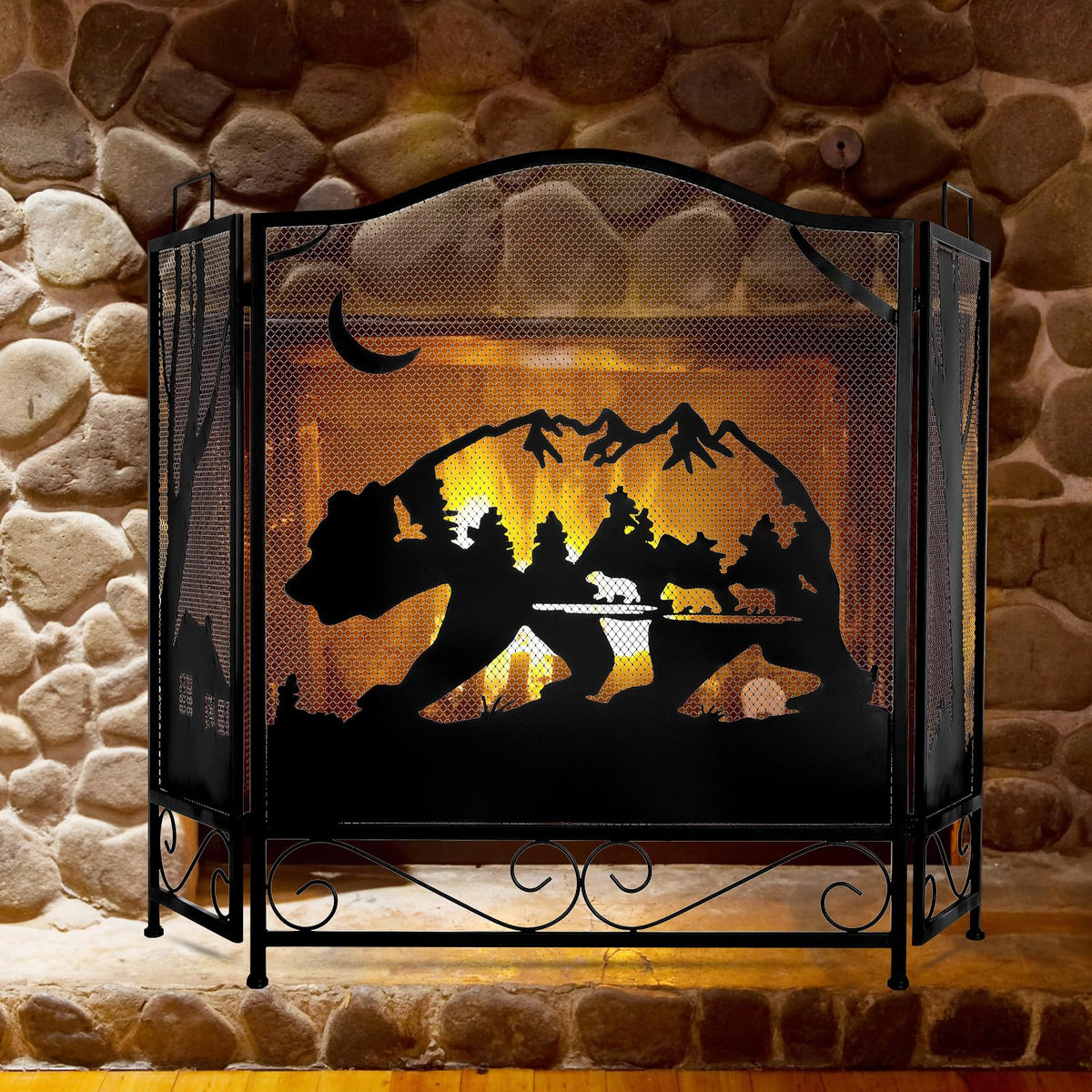 3-Panel Folding Metal Fireplace Screen Black L37536