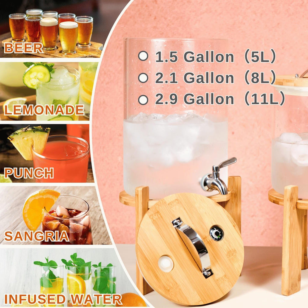 2.1 Gallon Glass Beverage Dispenser with Bamboo Stand and Spigot O988