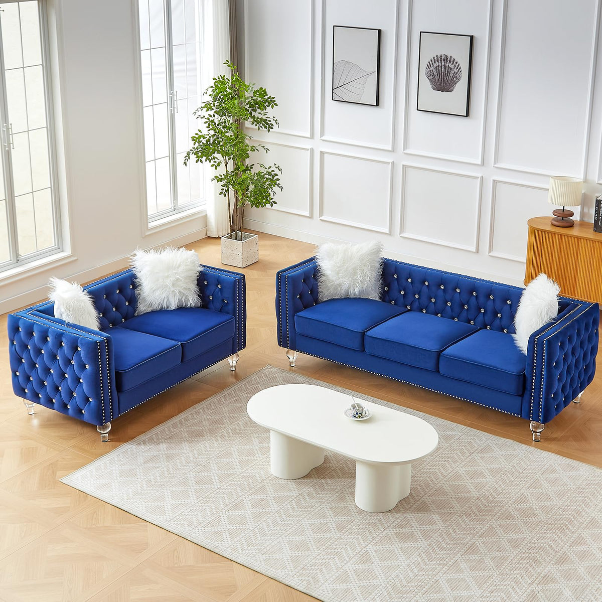 Blue Velvet Chesterfield Sofa with 2 Throw Pillows B758501