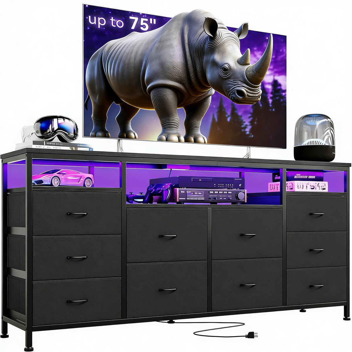 Black 10 Fabric Drawer Dresser with LED Lights & Power Outlets B918
