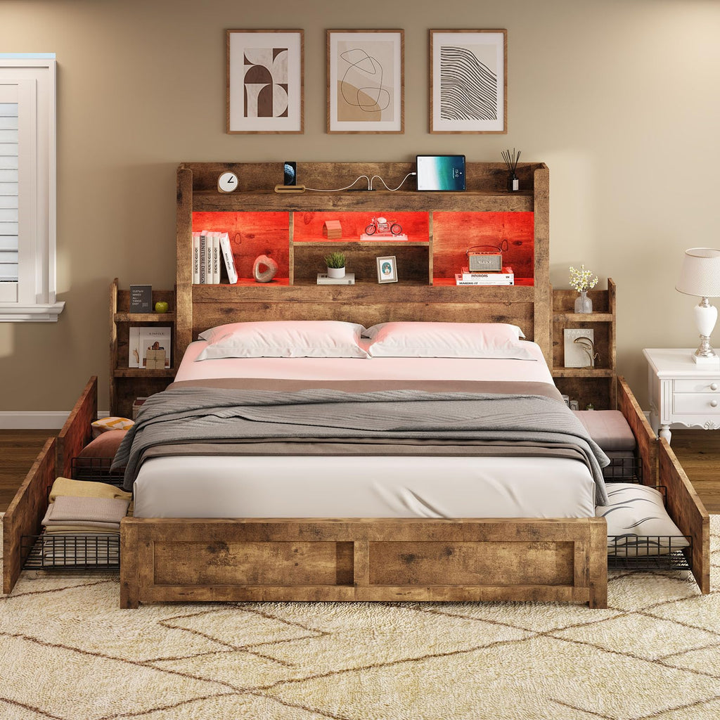 Full Bed Frame with Bookcase Headboard & Storage D1492