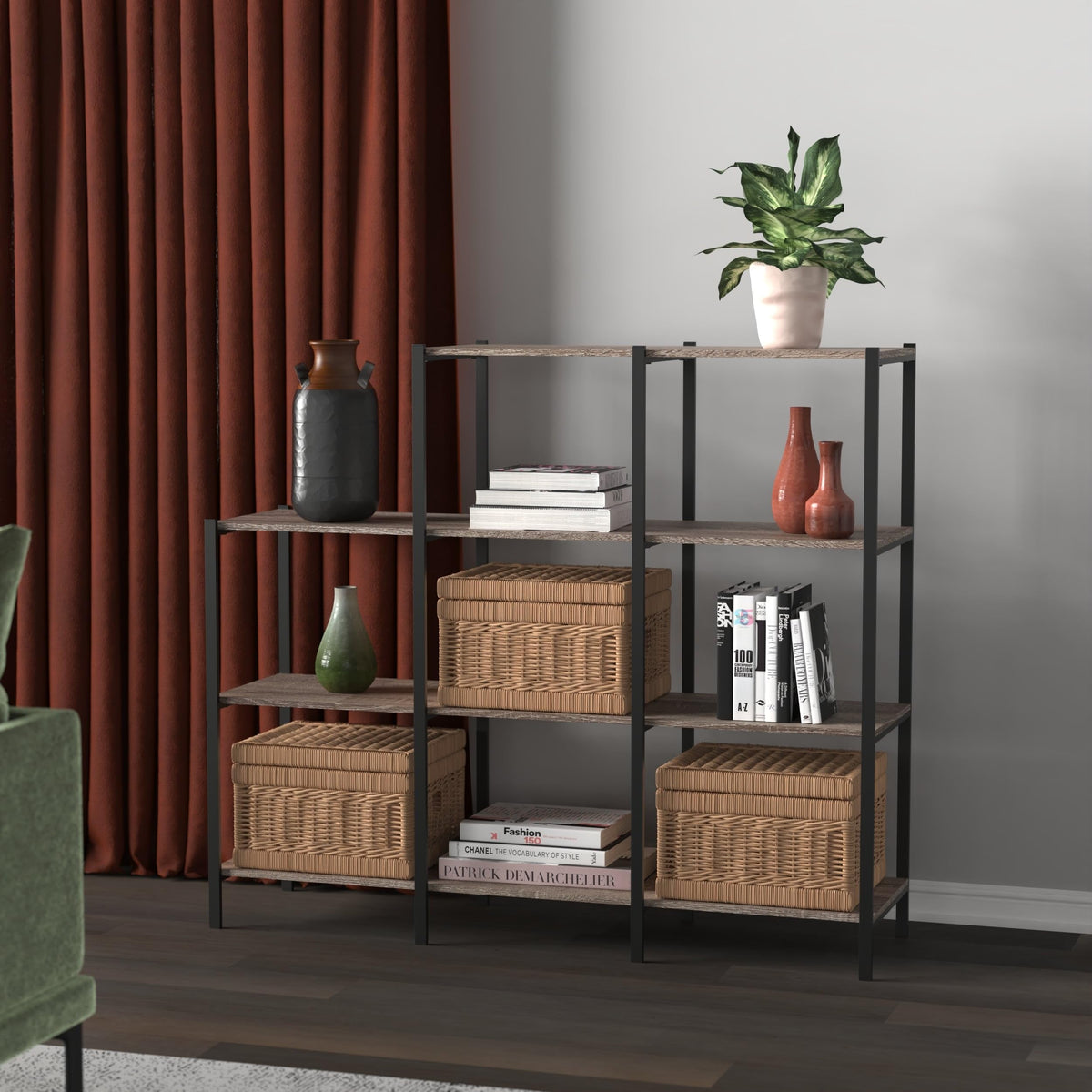 4-Tier Bookcase, 5 Shelves, Black Metal and Wood Y881354