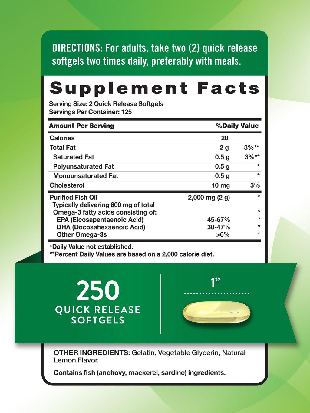Fish Oil 2000 mg 600 mg Omega 3 250 Softgels V5487