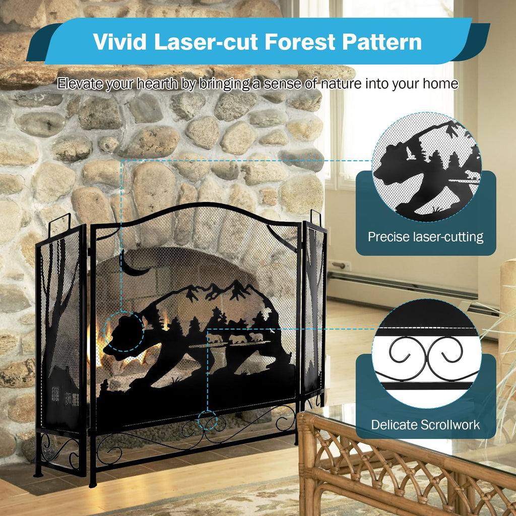 3-Panel Folding Metal Fireplace Screen Black L37536