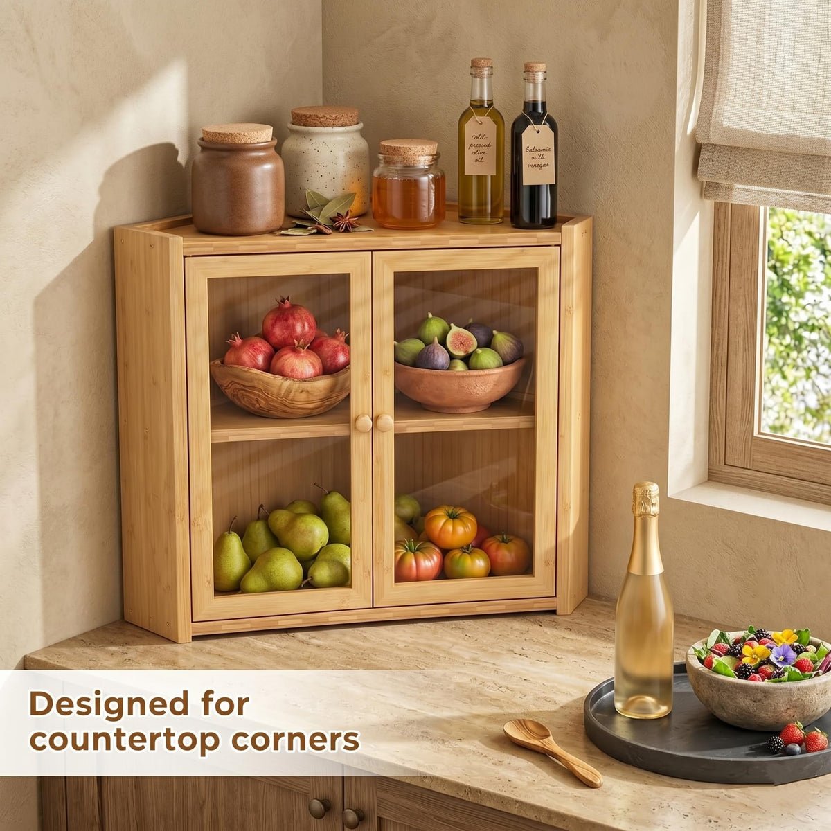 Double Layer Bamboo Bread Box with Clear Windows and Double Doors K3877