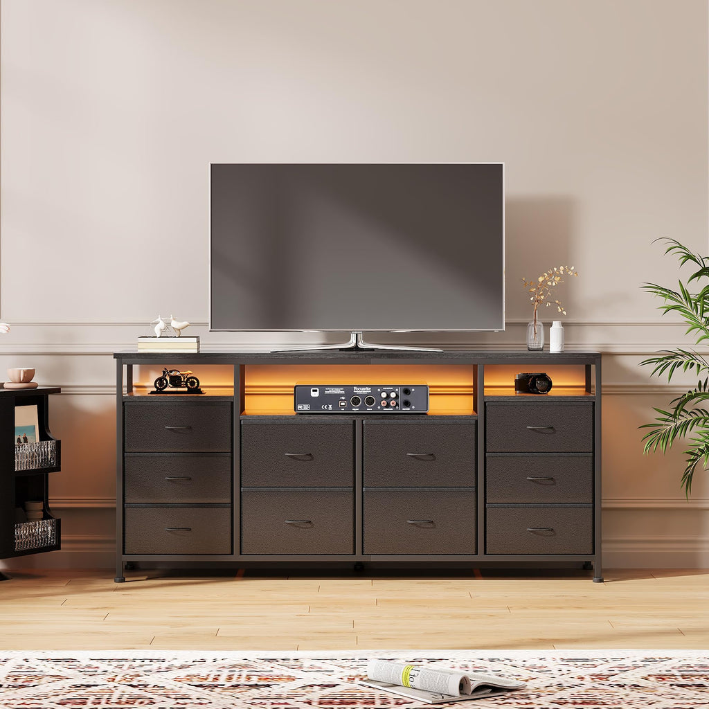 Black 10 Fabric Drawer Dresser with LED Lights & Power Outlets B918