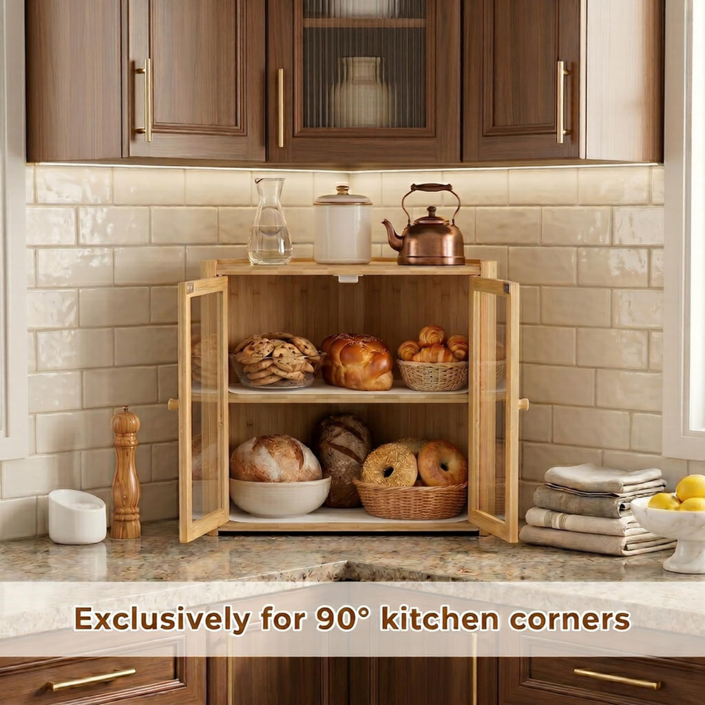 Double Layer Bamboo Bread Box with Clear Windows and Double Doors K3877