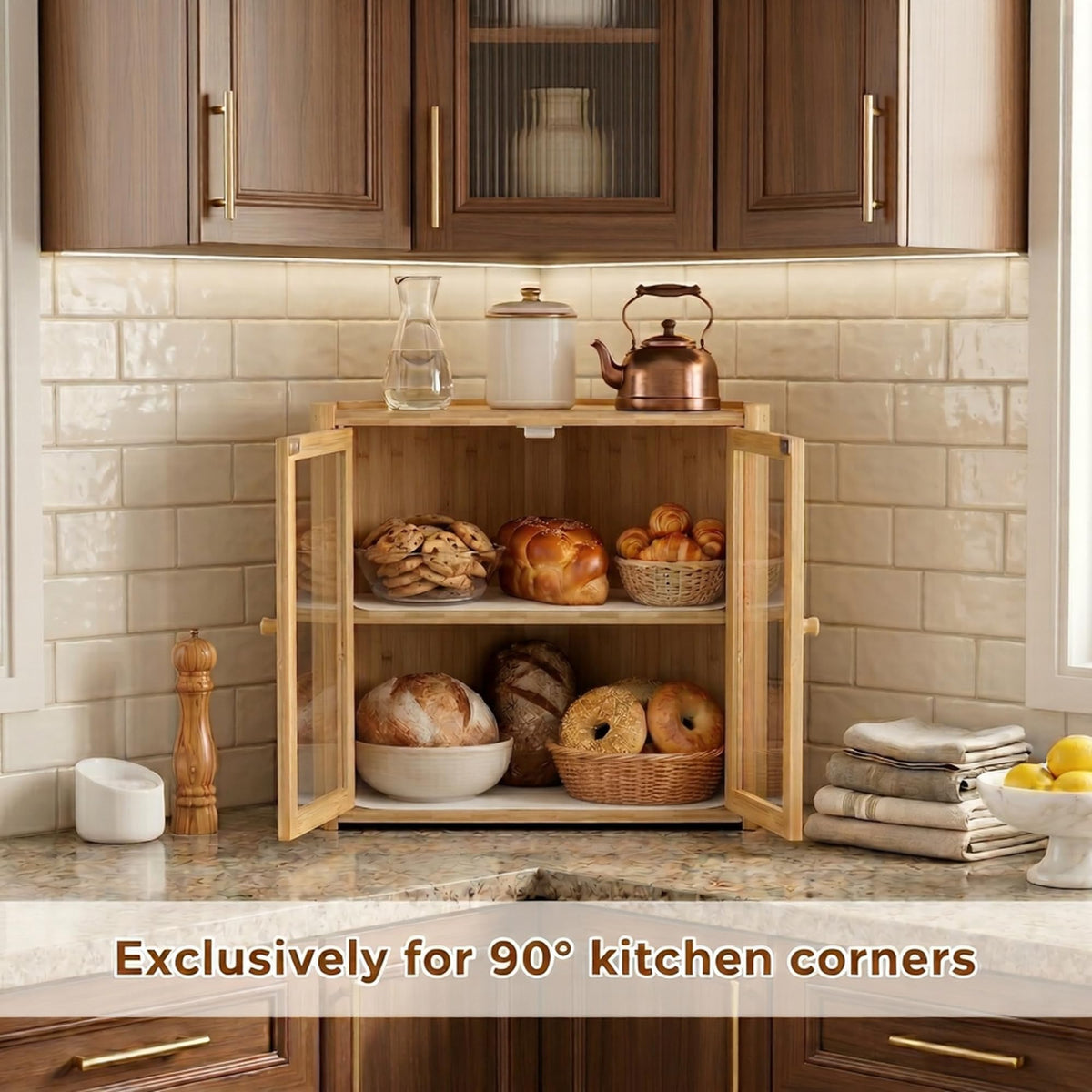 Double Layer Bamboo Bread Box with Clear Windows and Double Doors K3877