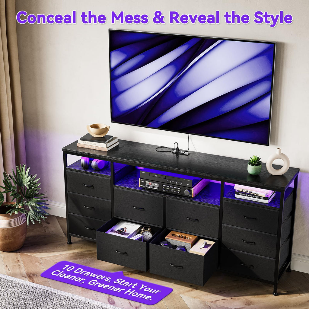 Black 10 Fabric Drawer Dresser with LED Lights & Power Outlets B918