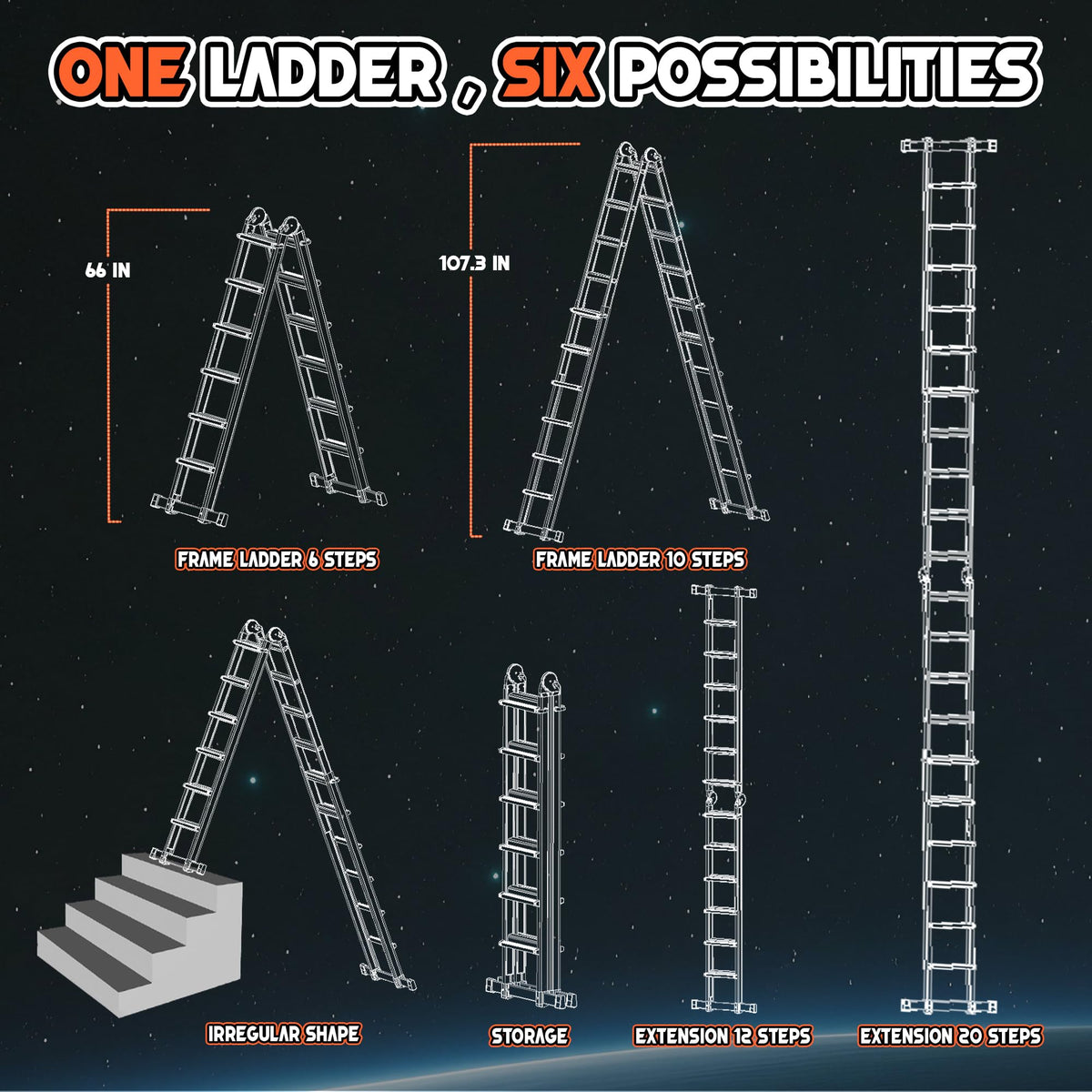 Telescoping Ladder, 22.5 Ft A Frame Anti-Slip Multi Position Y39101
