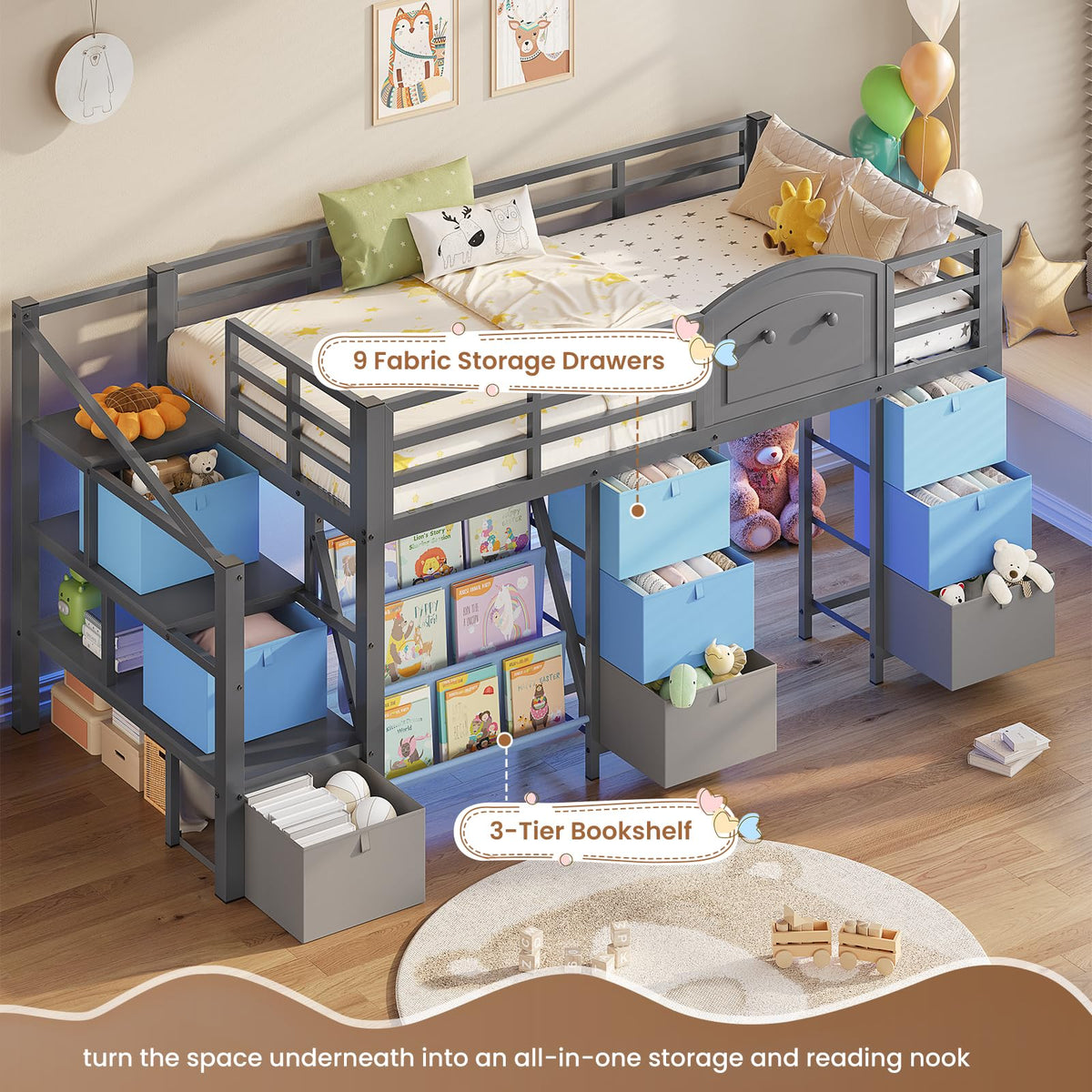 Twin Size Low Loft Bed with 9 Storage Drawers and Staircase D47996