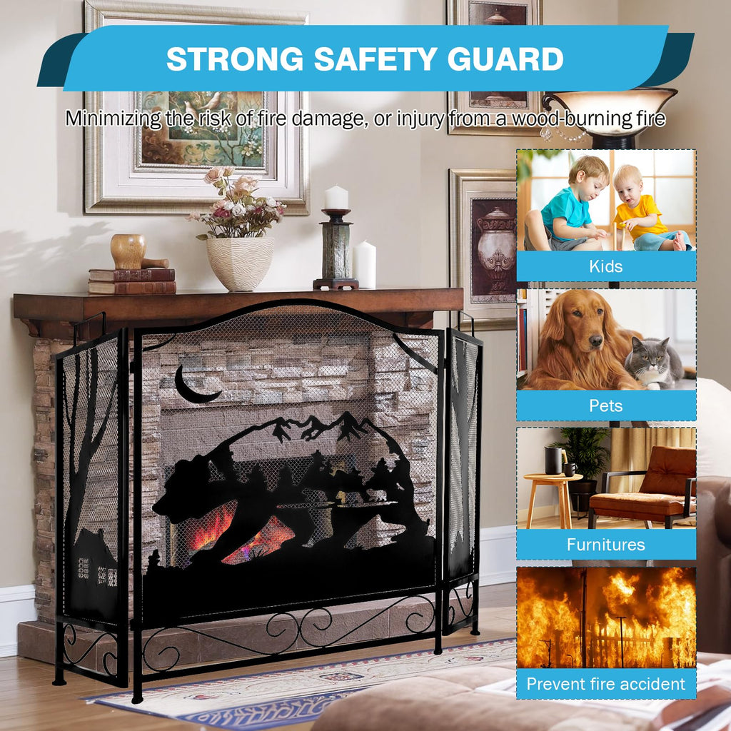 3-Panel Folding Metal Fireplace Screen Black L37536