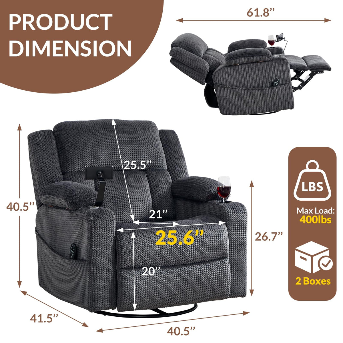 Oversized Power Recliner Chair with Massage and Heat, Grey H236270